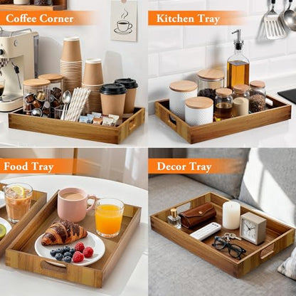 Serving Trays - 2 Pack, Large | Acacia Wood Serving Platters with Ergonomic Handles, Versatile Rustic Decorative Trays for Breakfast, Brunch, Dinner - size: 16"x11"x1.57" and 17"x12"x1.57"