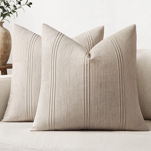 MIULEE Decorative Striped Throw Pillow Covers 18x18 in Natural Linen 2 Pack | Textured Linen Pillow Covers, Farmhouse Cushion Cases for Couch Sofa Bed Livingroom Home Decor - color: Natural Linen, size: 18" x 18" (Pack of 2)