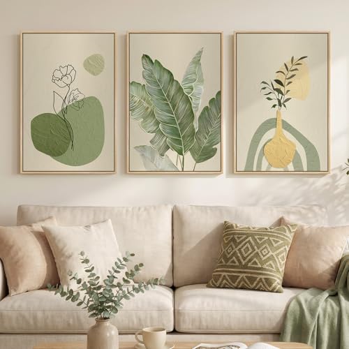 Framed Botanical Modern Wall Art for Living Room, 3 Piece Sage Green Boho Floral Canvas Paintings Prints, Minimalist Neutral Plant Pictures for Bedroom Dining Room Office Wall Decor, 16x24 Inch - color: Green & Yellow, size: 16" W x 24" H x 3Pcs