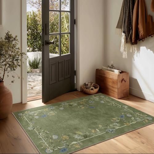 2x3 Small Area Rugs for Entryway: Machine Washable Door Mat Indoor Entrance Stain Resistant Non Slip Rubber Backed Low Pile Soft Throw Rugs for Bedroom Kitchen Front Door Indoor Entrance Foyer Entry - color: Edge Floral Green, size: 2' x 3' (Rectangular)
