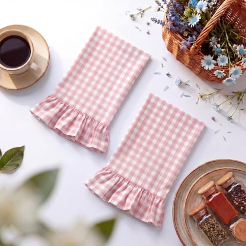 HunnmingRe Light Pink Kitchen Towels Set of 2, 100% Cotton Ruffled Gingham Dish Towels 18"x28" Absorbent Tea Cloths Classic Plaid Pattern for Farmhouse Charm, Drying Dishes, Entertaining Guests - color: Light Pink, style: Gingham