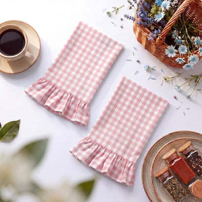 HunnmingRe Light Pink Kitchen Towels Set of 2, 100% Cotton Ruffled Gingham Dish Towels 18"x28" Absorbent Tea Cloths Classic Plaid Pattern for Farmhouse Charm, Drying Dishes, Entertaining Guests - color: Light Pink, style: Gingham