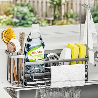 Kitchen Sink Organizer, Stainless Steel Sponge Holder, Silver | Rust-Resistant Steel, Detachable Draining Board, Compartment Divider, Brush Holder & Towel Bar, Ideal for Kitchen Storage - color: Silver