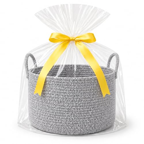 SweetMemo Large Gift Basket Empty to Fill for Blanket, Toy Storage, Gray | Includes Gift Bag and Ribbon, Premium Woven Rope, Soft Yet Structured, Reusable for Throw Blankets, Kids and Nursery Storage - color: Gray, size: Large