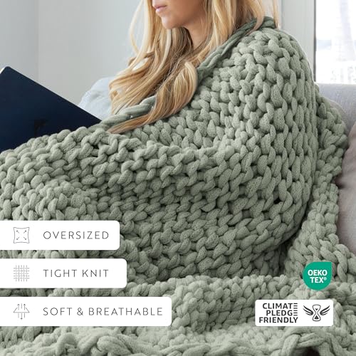 Merit Linens Chunky Knit Throw Blanket - One Size Eucalyptus - color: Chunky Hand-knit Eucalyptus