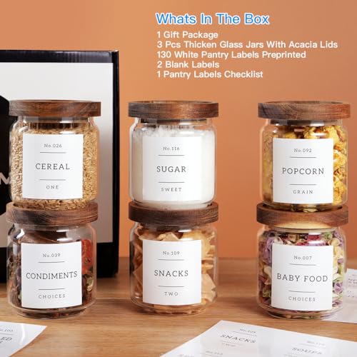 6 Set Glass Pantry Storage Jars with Acacia Airtight Lid - 15oz Thicken Glass Kitchen Canisters with 132 Pantry Labels - Clear Glass Food Storage Containers with Wood Lid for Tea,Sugar,Spice,herbs