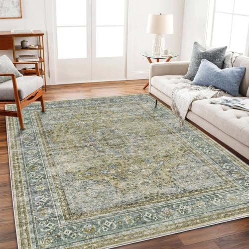 CHAMPLANT Area Rug 6'x9' Washable Vintage Traditional Floor Cover Thin Retro Kitchen Indoor Distressed Non Slip Carpet for Living Room Bedroom Dining Room - color: Aged Floral Green, size: 6' x 9' (Rectangular)