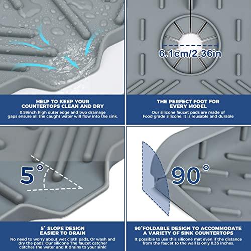2 Pcs Silicone Faucet Handle Drip Catcher Tray, 2 in 1 Dish Soap Sponge Holder for Kitchen Sink & Splash Guard, Drying Mat for Sink Accessories, Counter, Bathroom - size: Grey(2Pack): 14.25"x5.35"