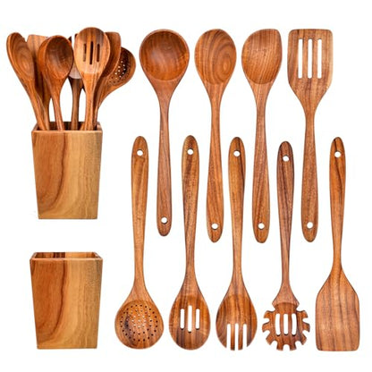 Gudamaye 13 inch Long Wooden Spoons for Cooking, 9 PCS Natural Teak Wooden Kitchen Utensil Set with Utensils Holder Made of Australia Camphor Laurel Wood，Wooden Utensils for Cooking - size: 10 PCS Long Handle with Holder