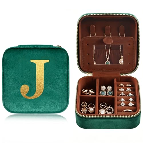 Personalized Jewelry Box Travel Jewelry Case For Women Vintage Green Plush Velvet Gifts For Family Member Friends For Carrying During Short Trips Business Trips Travel Essentials Letter J - color: J