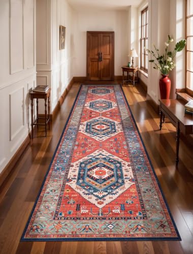 SERISSA 3x12 Washable Non Slip Boho Runner Rug for Hallway，Rust | Ultra Soft Vintage Oriental Carpet Low-Pile Tribal Floor Carpet for Stair Kitchen Bedroom Bathroom Laundry Room - color: Rust/Multi, size: 3' x 12' (Runner)