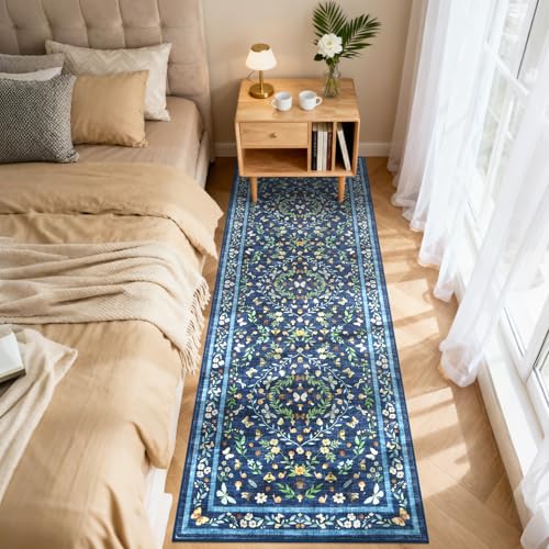 GarveeHome 2x6 Washable Runner Rug for Hallway Non Slip Floral Kitchen Rugs | Vintage Low Pile Bug Rug for Entryway Laundry Room Bedroom Dorm Stain Resistant Non-Shedding Soft Indoor Capret, Blue - color: Blue, size: 2'x6'(Runner)