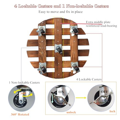 2 Pack 14" Plant Caddy with 5 Wheels, Rolling Plant Stand 220 LB Heavy Duty Wooden Round Plant Dolly with Metal 360° Lockable Caster Wheels for Outdoor Indoor Large Plant Pots, Flower Pot, Patio - size: 14"+14"