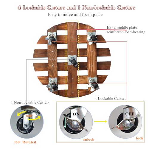 4 Pack Plant Caddy with 5 Wheels, Wood Rolling Plant Stand 220 LB Heavy Duty, Plant Dolly with Metal 360° Lockable Caster Wheels for Outdoor Indoor Large Plant Pots, Flower Pot, Patio (14"+14"+12"+12") - size: 14"+14"+12"+12"