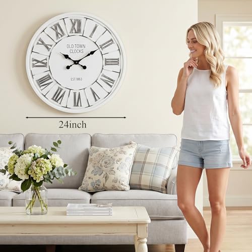 EMAX HOME Farmhouse 24 Inch Wooden Large Wall Clock, Silent Non-Ticking Quartz Movement, Battery Operated Modern Rustic Clock for Living Room, Kitchen, Office, Home Decor