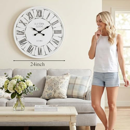 EMAX HOME Farmhouse 24 Inch Wooden Large Wall Clock, Silent Non-Ticking Quartz Movement, Battery Operated Modern Rustic Clock for Living Room, Kitchen, Office, Home Decor