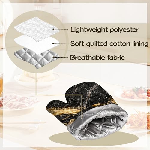 Black White Gold Flowing Marble Oven Mitts and Pot Holders Sets Silicone Kitchen Mitts Potholders Heat Resistant 4Pcs Oven Gloves Hot Pads for Kitchen Baking Cooking - color: Black White Gold Flowing Marble