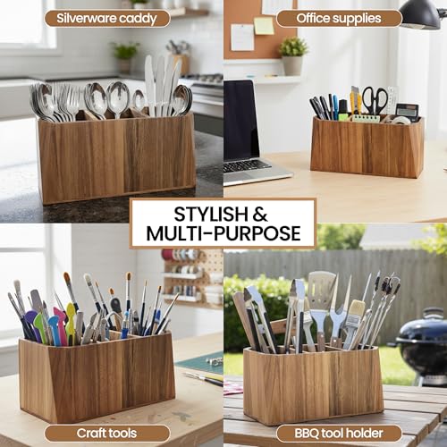 Large Kitchen Utensil Holder for Countertop – Acacia Wood Utensil Organizer with 3 Compartments, Beveled Edges Design, Non-Slip Silicone Pads & Drain Hole – Rustic Farmhouse Utensil Caddy Crock - size: 3 Compartment