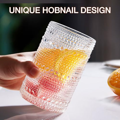 Drinking Water Glass Cups Set,Crystal Hobnail Glass set of 8,15oz&12oz | Unique Design Vintage Tall Glass Cups Sets for Whiskey,Cocktail,mocktails - style: Drinking set of 8 15oz 12oz