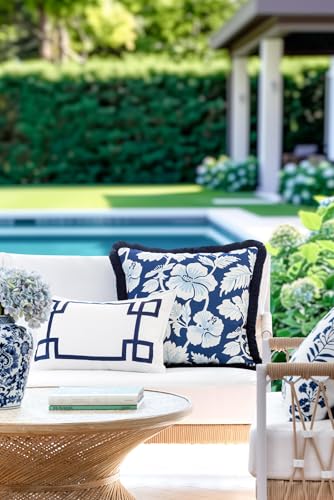 Hofdeco Premium Coastal Patio Indoor Outdoor Lumbar Pillow Cover Only, 12"x20" Water Repellent for Backyard, Couch, Navy Blue Embroidered Frame Greek Key - color: Navy Blue Frame Greek Key 12"x20"