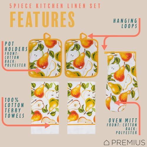 5 Piece Pears Printed Kitchen Linen Set, 2 Cotton Towels, 2 Potholders, 1 Oven Mitt with Hanging Loop, 100% Cotton Material on Front & Polyester Backing, Perfect Kitchen Accessory, Gift - color: Pears