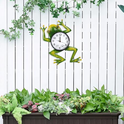 Frog Outdoor Clock with Thermometer & Humidity | Outdoor Wall Clock Silent Non-Ticking, Outside Clocks for Patio, Garden, Home Decor - style: Jump Frog