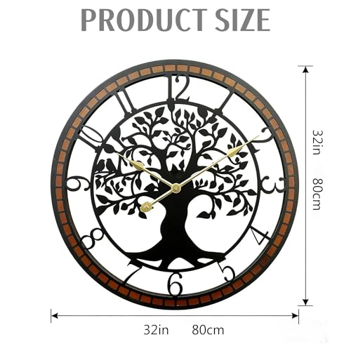 Large Wall Clock for Living Room Decor 32 Inch Tree of Life Metal Wall Art, Non-Ticking Battery Operated Metal Black with Solid Wood Frame for Office/Bedroom/Kitchen/Dining Room Decoration - size: B 32 Inch