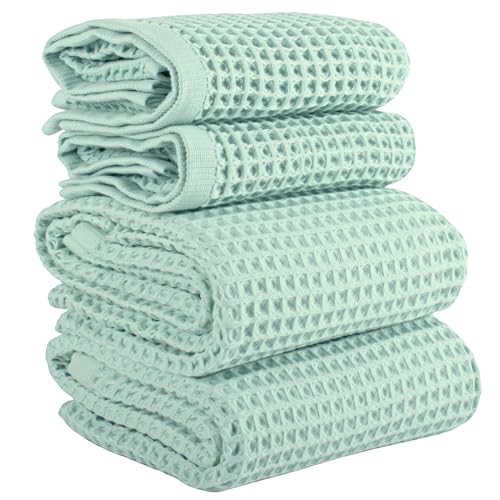 PÜSKÜL Natural 100% Turkish Cotton Waffle Towels Set for Bathroom (4-Piece) | Ice Green, Large Size 2 Hand and 2 Bath Towel, Quick-Dry Soft Absorbent Premium 3D Honeycomb Weave, Oeko-Tex Made in Turkey - color: Ice Green