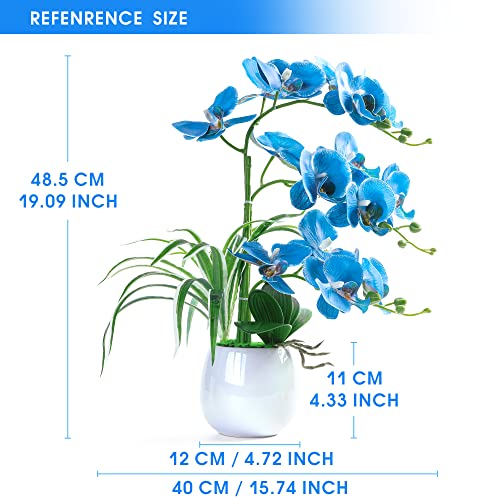 W&W Artificial Orchid Plants and Flowers with Vase, Fake Faux Orchid in Ceramic Pot,19”, Blue - color: Blue 01