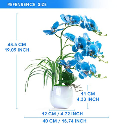 W&W Artificial Orchid Plants and Flowers with Vase, Fake Faux Orchid in Ceramic Pot,19”, Blue - color: Blue 01