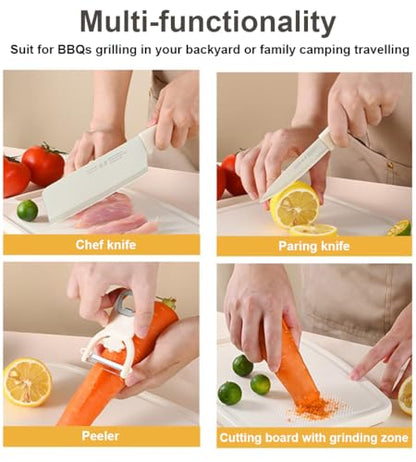 5 in 1 Mini Knife and Cutting Board Set, Small Cutting Board Camping Cutting Board Cutting Board Scissors, Smart Cutting Board and Knife Set, Dorm Kitchen Essentials Travel Knife Set (Wheaten) - color: Wheaten