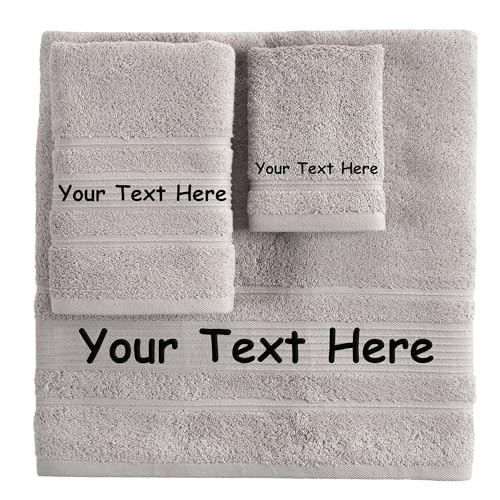 Personalized Custom 3-Piece Towel Set – Bath, Hand & Washcloth – 100% Cotton, Soft & Absorbent – Embroidered Name or Monogram – Hotel Towels for Bathroom, Spa, Hotel, Wedding & Gift – Grey - color: Grey, size: 3 Pcs Towel Set