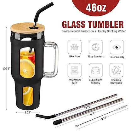 WINSA Glass Tumbler with Lid and Straw, 46 oz, Black | Iced Coffee Cup with Handle, Large Water Bottle with Silicone Sleeve, Pearl Straw & Drinking Straw, BPA Free - color: Black, size: 46 Ounces