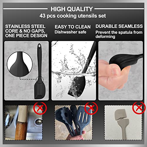 43 Pcs AIKKIL Kitchen Utensils Set, Heat Resistant Silicone Cooking Kitchen Utensils Set with Holder, Spoon, Spatula, Kitchen Gadgets Tools Set For Nonstick Cookware, Dishwasher(BPA Free, Black) - color: Black