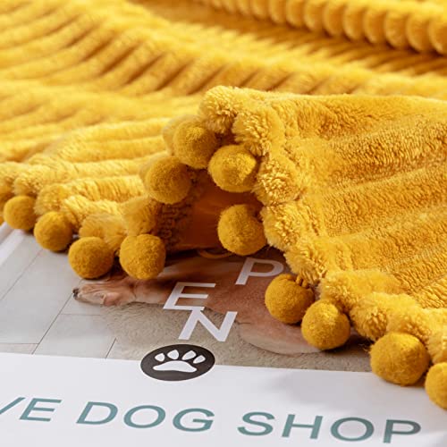 DISSA Fleece Blanket Throw Size – 51x63, Yellow Soft, Plush, Fluffy, Fuzzy, Warm, Cozy Perfect for Couch, Bed, Sofa - with Pompom Fringe Flannel - color: Yellow, size: 51x63"