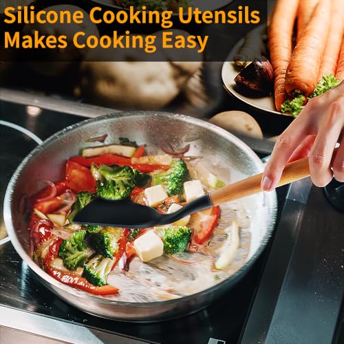 Silicone Cooking Utensils Set, 12Pcs Large Heat Resistant Kitchen Utensils, Turner Tongs, Spatula, Spoon, Wooden Handle Kitchen Gadgets with Holder for Nonstick Cookware, Dishwasher Safe (Black) - color: Black