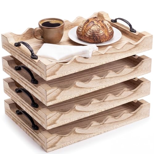 4 Pcs Rustic Wood Scalloped Serving Tray Wood Decorative Serving Tray with Handle Rustic Rectangular Trays 13 x 9.5 Inches for Farmhouse Ottoman Breakfast Coffee Table Home Decor(Burnt) - color: Burnt