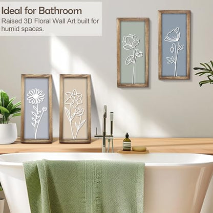 3D Wooden Floral Wall Art Decor, 4PCS 7 x 16 Inch Wood Framed Wall Art for Bathroom Living Room Bedroom Office, Rustic Farmhouse Boho Botanical Minimalist Flower Wall Hanging Decor