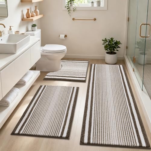 HEBE Chenille Bathroom Rugs Sets 3 Piece, Non Slip Washable Bath Mats Set | Absorbent Bathroom Mat Set, Soft Bath Rugs, Ultra Plush Bath Mat and U-Shaped Contour Toilet Rug Set for Tub Shower, Brown - color: Brown