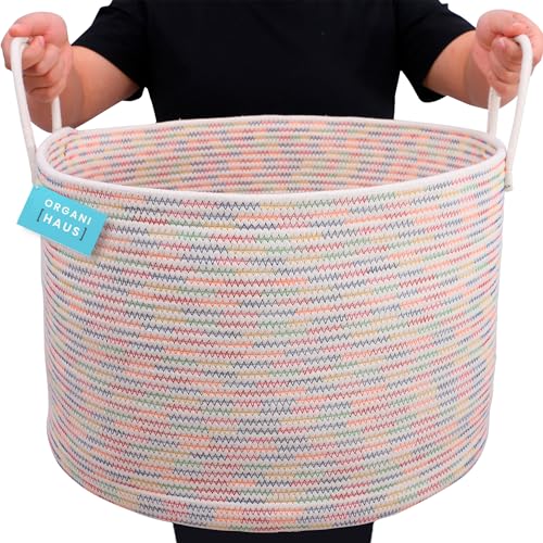 OrganiHaus Round Toy Basket & Blanket Basket, Cotton Rope 20x13" | Stitches Rainbow - Round Cotton Rope Basket, 20x13" - color: Stitches Rainbow, size: Wide