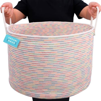 OrganiHaus Round Toy Basket & Blanket Basket, Cotton Rope 20x13" | Stitches Rainbow - Round Cotton Rope Basket, 20x13" - color: Stitches Rainbow, size: Wide