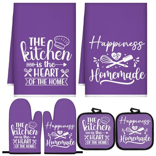 Sratte 6 Pcs Kitchen Decor Accessories Set, Kitchen, Purple | Farmhouse Kitchen Towels Pot Holders Oven Mitts Set 2 Dish Towels 2 Potholders 2 Cooking Mittens for Baking Cooking Supply - color: Purple, style: Kitchen