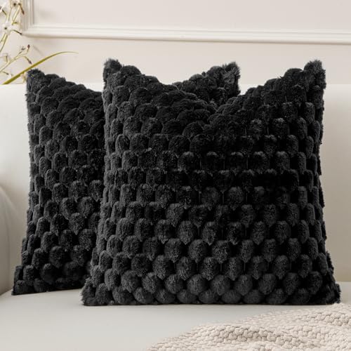 MIULEE Black Faux Fur Decorative Throw Pillow Covers 20x20 Inch Set of 2 Super Soft Cozy Plush Cushion Cases Luxury Fluffy Pillowcases for Sofa Couch Bed Living Room - color: Black, size: 20" x 20" (Pack of 2)