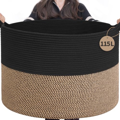 INDRESSME 115L Extra Large Woven Rope Blanket Basket Living Room, Mix Black | 23.6" x 15.7" Storage baskets for toys laundry & pillows. Fits living room, bedroom or nursery décor. Soft-touch with handles - color: Black & Mix Camel, size: 23.6"D x 15.7"H
