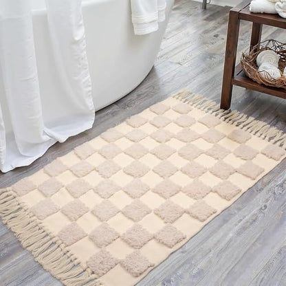 Boho Bathroom Rugs with Tassels 2'x3' Cute Checkered Bath Mat Beige Cotton Rug Fits Perfectly Into Your Bath Machine Washable Woven Rug, 24 x 36 inch - color: Checkered Cream, size: Small(2'x3')