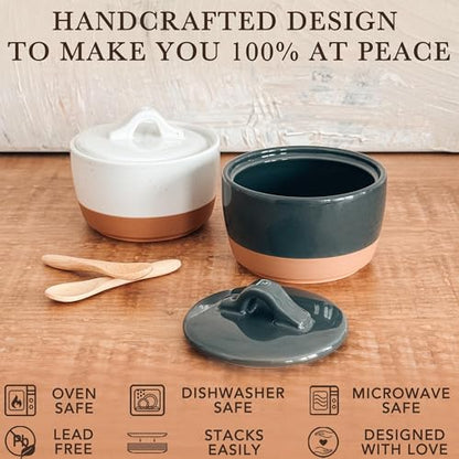 Mora Ceramic Salt and Pepper Cellar Set with Lid - 10 oz Modern Canister/Container/Bowl for Storage, Sea Salt, Spice, Sugar, Countertop - Small Dish/Jar with Wood Spoon, Black & White Crock - color: Charcoal & White