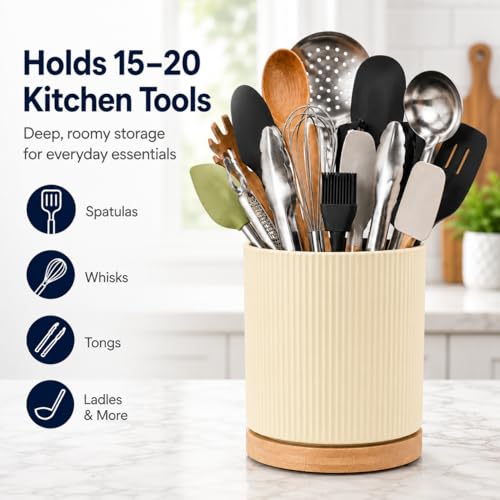 360° Rotating Ceramic Utensil Holder,Utensil Crock for Kitchen Counter | Kitchen Utensil Holder for Countertop with Rotatable Wooden Base,Ideal Housewarming Gifts & Mothers Day Gift-Yellow - color: Cream Yellow
