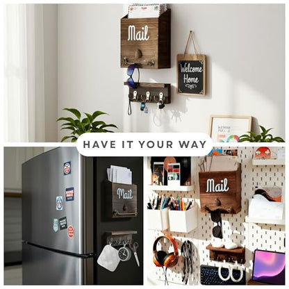 eBun Narrow Wood Mail Holder with 6 Key Hooks | Wall Mount, No-Drill Magnetic, Vertical Mail Slot, Entryway Decor - color: 1-pack Mail