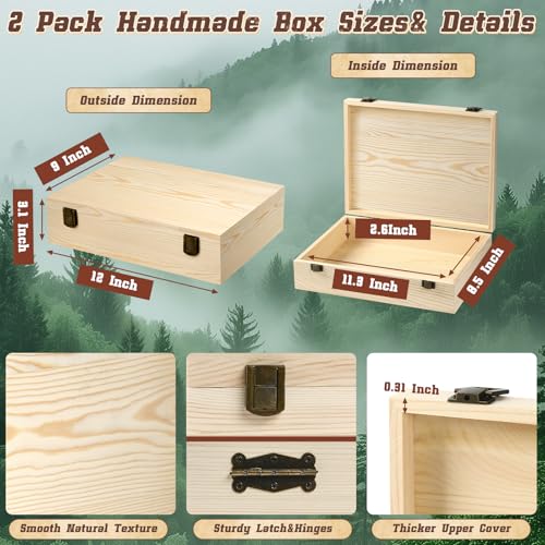 Unfinished Wooden Box with Lid 12"x9"x3.1"Decor Storage Crafts Boxes | Natural Keepsake Memory Pine Wooden Boxes for Crafts, DIY, Painting, Wood Burning,Wood Gift Box- Ideal Gift & Home - size: Medium box of 2（12 x 9x3.1 Inch）