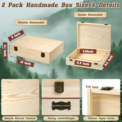 Unfinished Wooden Box with Lid 12"x9"x3.1"Decor Storage Crafts Boxes | Natural Keepsake Memory Pine Wooden Boxes for Crafts, DIY, Painting, Wood Burning,Wood Gift Box- Ideal Gift & Home - size: Medium box of 2（12 x 9x3.1 Inch）